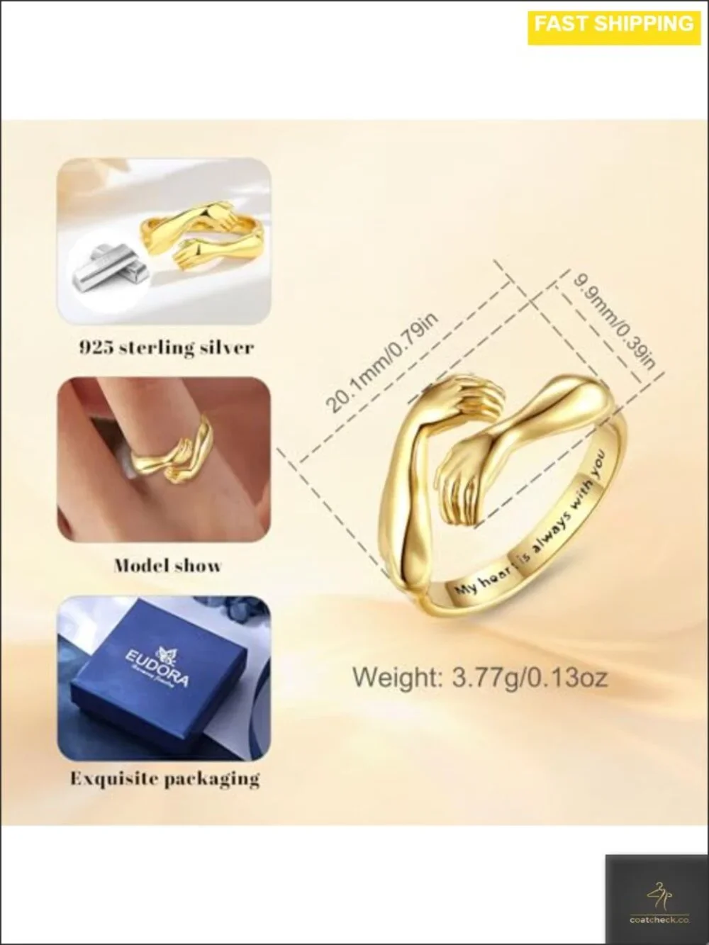 S925 Sterling Silver 18K Gold-Plated Adjustable Hug Ring Open Band